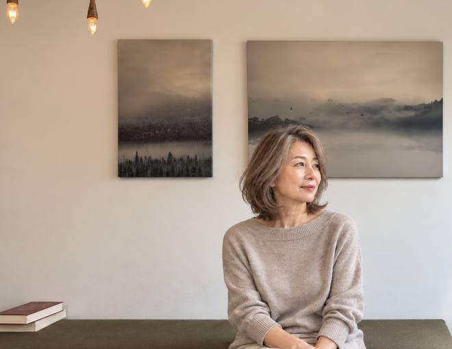 HAZE店内で明るいグレージュの白髪染めを楽しむ50代女性